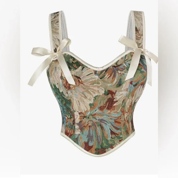 Floral Tapestry Crop Top with Ribbon Details - Picture 1 of 6